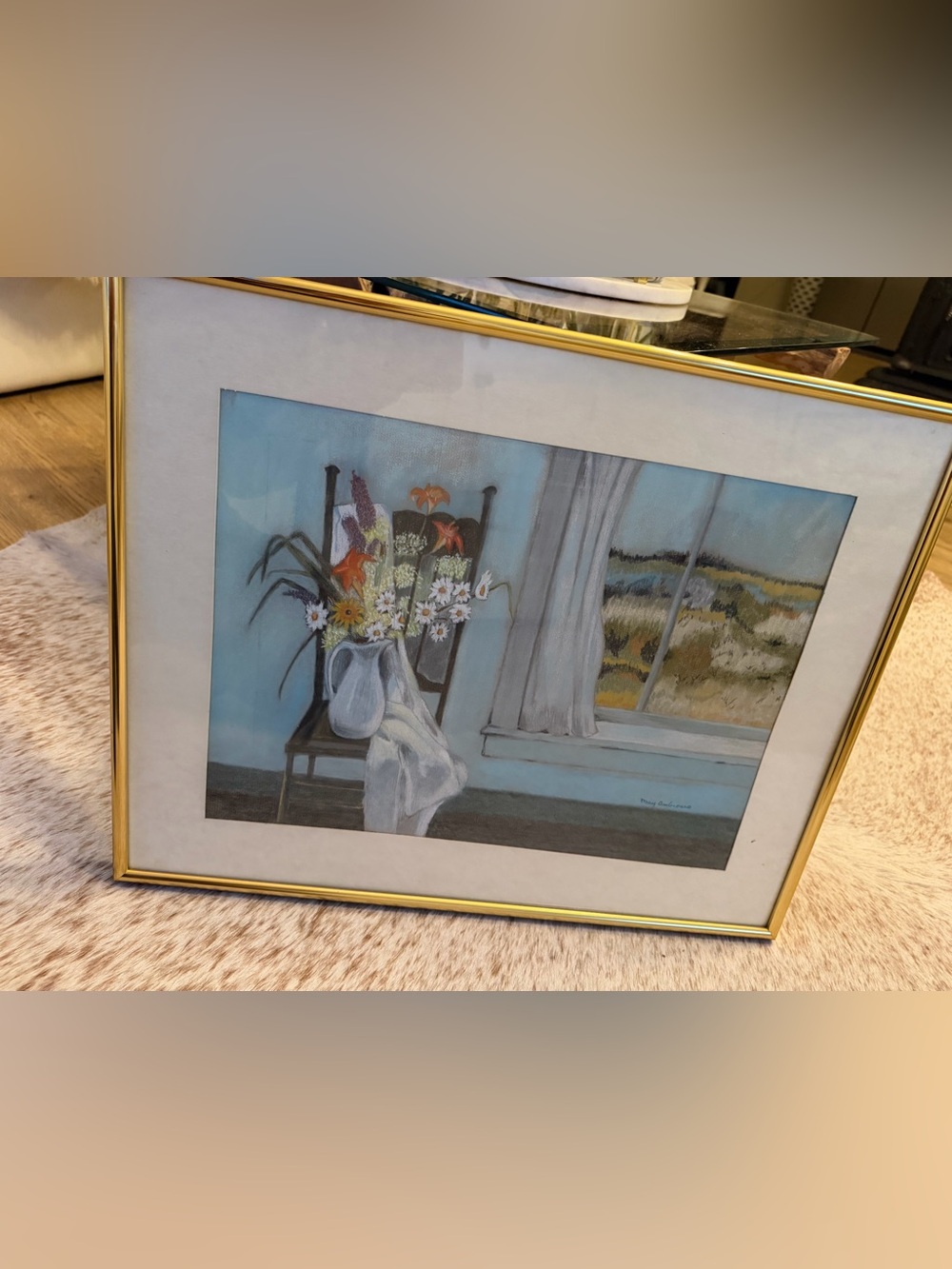 Framed Still Life Painting with Vase of Flowers - Light Blue & Gold